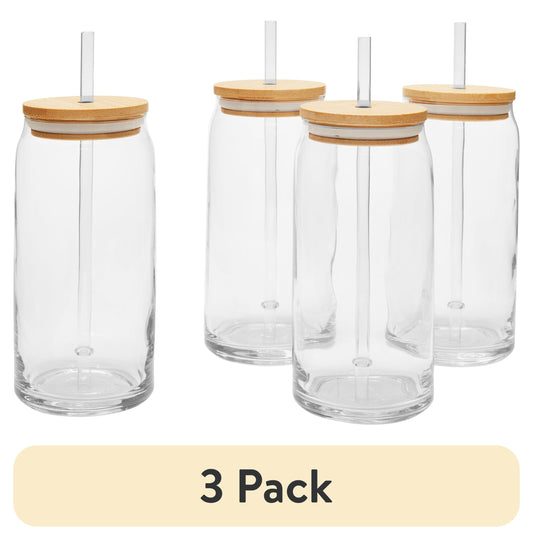 (3 pack) Mainstays Briar Can Glass Drinkware with Lids & Straws, Set of 4
