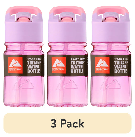 (3 pack) Ozark Trail 12 oz Tritan Plastic Flip-Top Water Bottle, Purple and Pink