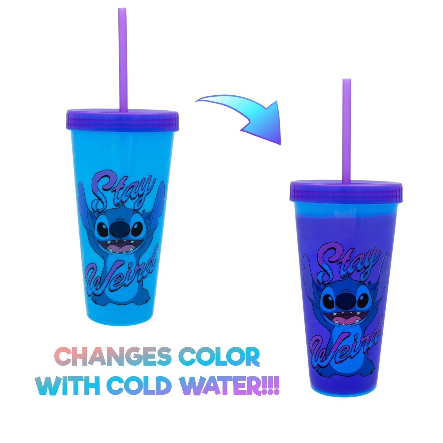 Lilo and Stitch Stay Weird 24oz Color Change Plastic Tumbler w Lid and Straw