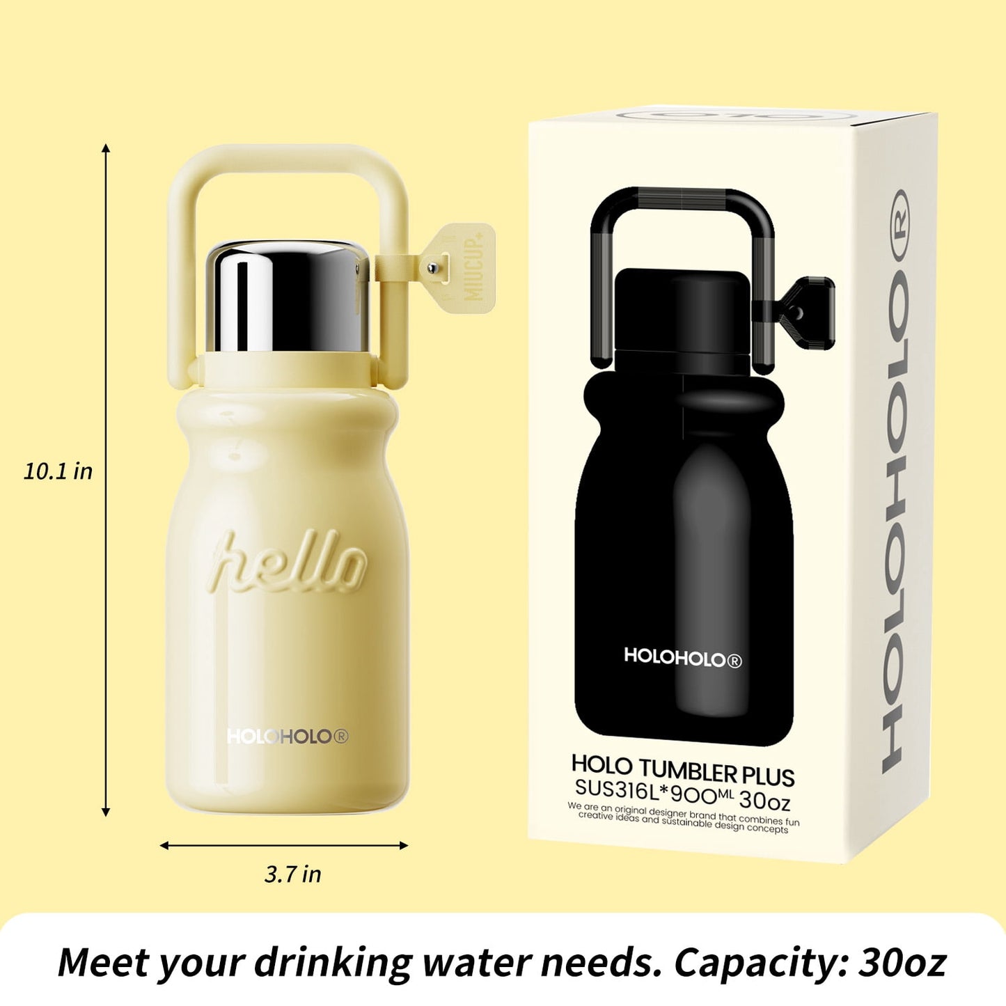 HOLOHOLO Stainless Steel Insulated Tumbler with Flip Straw and Handle 2-in-1 Tumbler 30oz Yellow Water Bottle for Daily Use