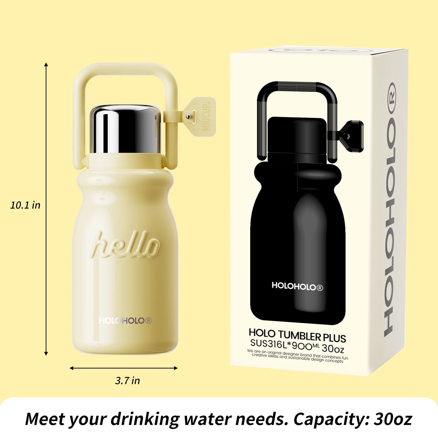 HOLOHOLO Stainless Steel Insulated Tumbler with Flip Straw and Handle 2-in-1 Tumbler 30oz Yellow Water Bottle for Daily Use