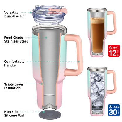 THILY 40 oz Vacuum Insulated Tumbler with Handle - Stainless Steel Coffee Travel Mug with Lid and Straws, Keep Drinks Cold 34 Hours or Hot 12 Hours, for Cold Drinking, Tea, Iced Water, Candy Pink