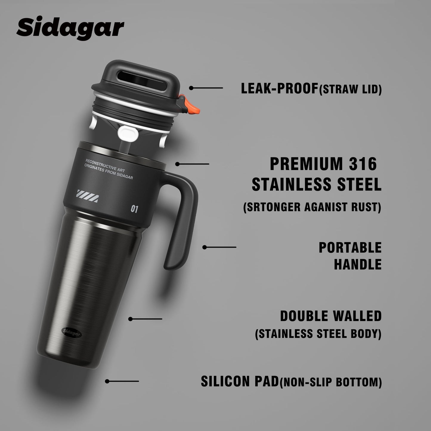 Sidagar 32 oz Stainless Steel Vacuum Insulated Tumbler with Straw and Handle,  Obsidian Black