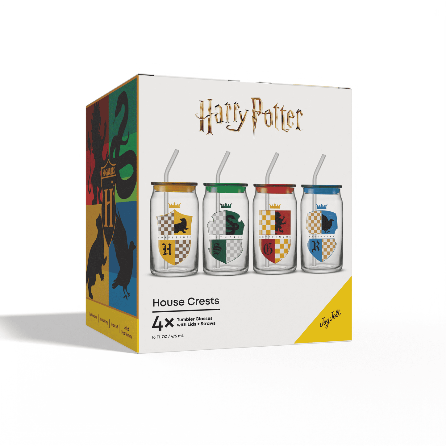 Harry Potter House Crests Tumbler Glasses with Lids, 16-Ounce, Set of 4