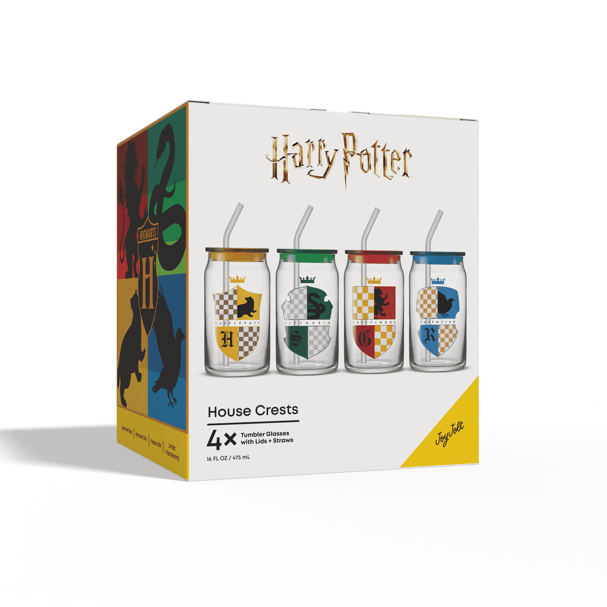 Harry Potter House Crests Tumbler Glasses with Lids, 16-Ounce, Set of 4