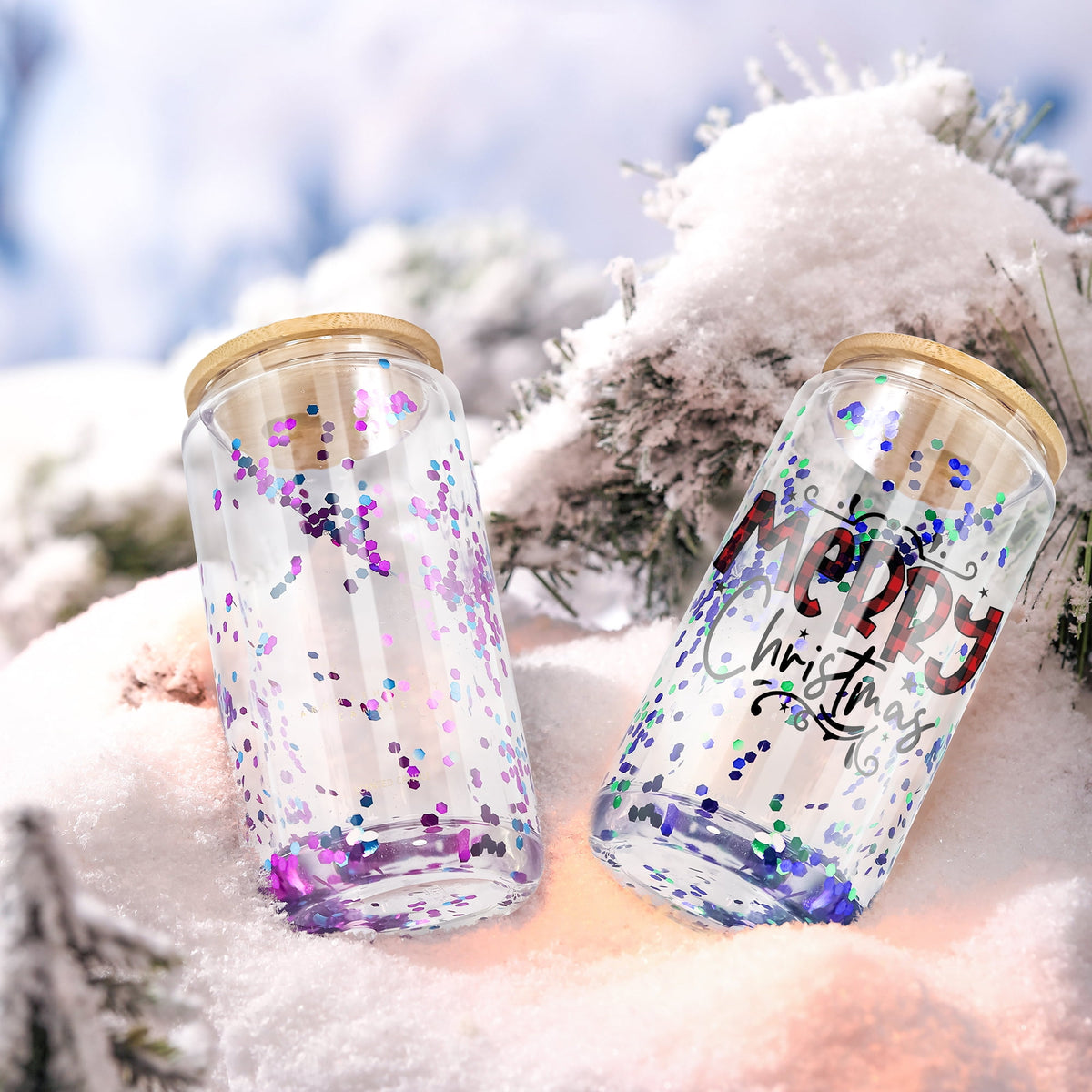 AGH 16oz Sublimation Snow Globe Glass Can Shaped Tumblers with Bamboo Lids and Straws - 25 Pack, Duble Wall Blank Beer Can Clear Glass Ice Coffee Cups with Pre Drilled Hole for Snow Globe DIY