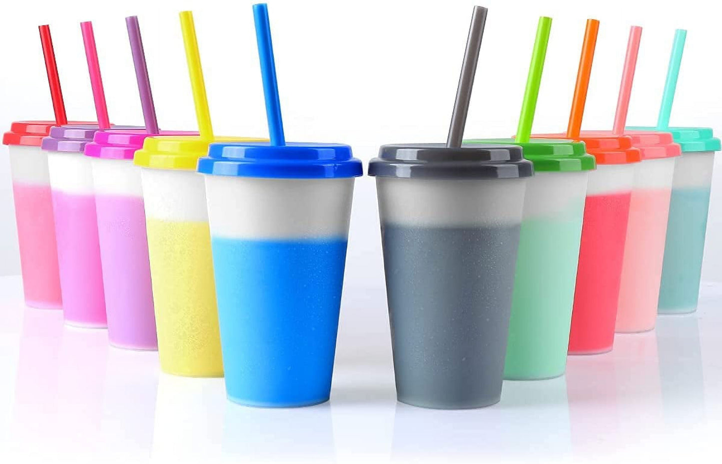 Nogis Plastic Cups with Lids and Straws 10Pack 12oz Reusable Color Changing Cups for Adult Kids Cold Coffee Drinking Tumblers Summer Party Cups