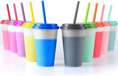 Nogis Plastic Cups with Lids and Straws 10Pack 12oz Reusable Color Changing Cups for Adult Kids Cold Coffee Drinking Tumblers Summer Party Cups