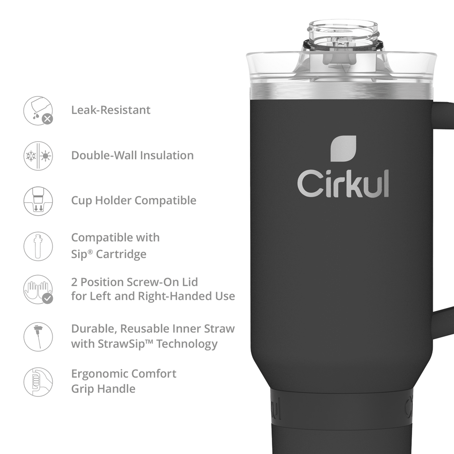 (3 pack) Cirkul 40oz All-Day StrawSip Double-Wall Insulated Stainless Steel Tumbler with Handle, Carbon (Black)