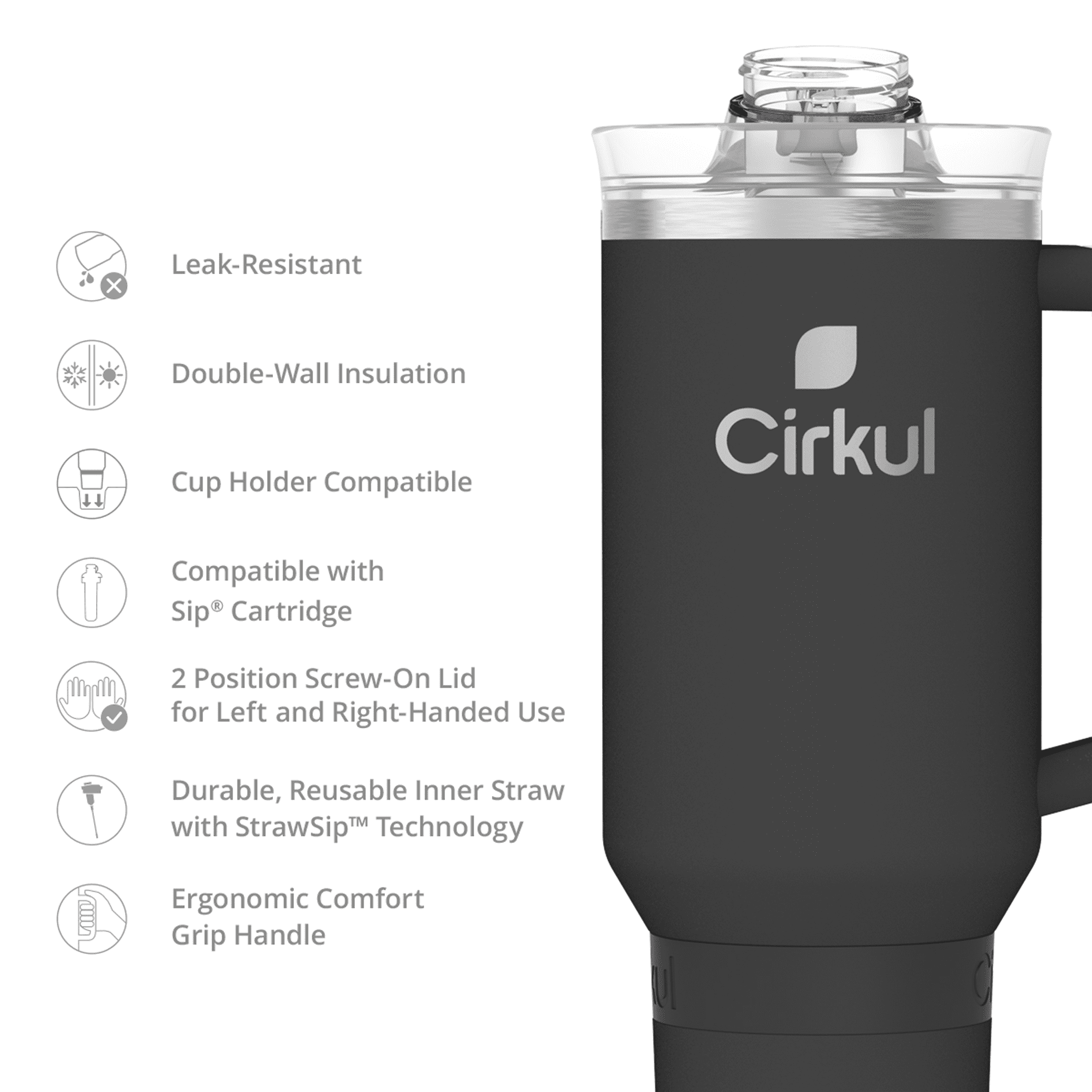 (3 pack) Cirkul 40oz All-Day StrawSip Double-Wall Insulated Stainless Steel Tumbler with Handle, Carbon (Black)