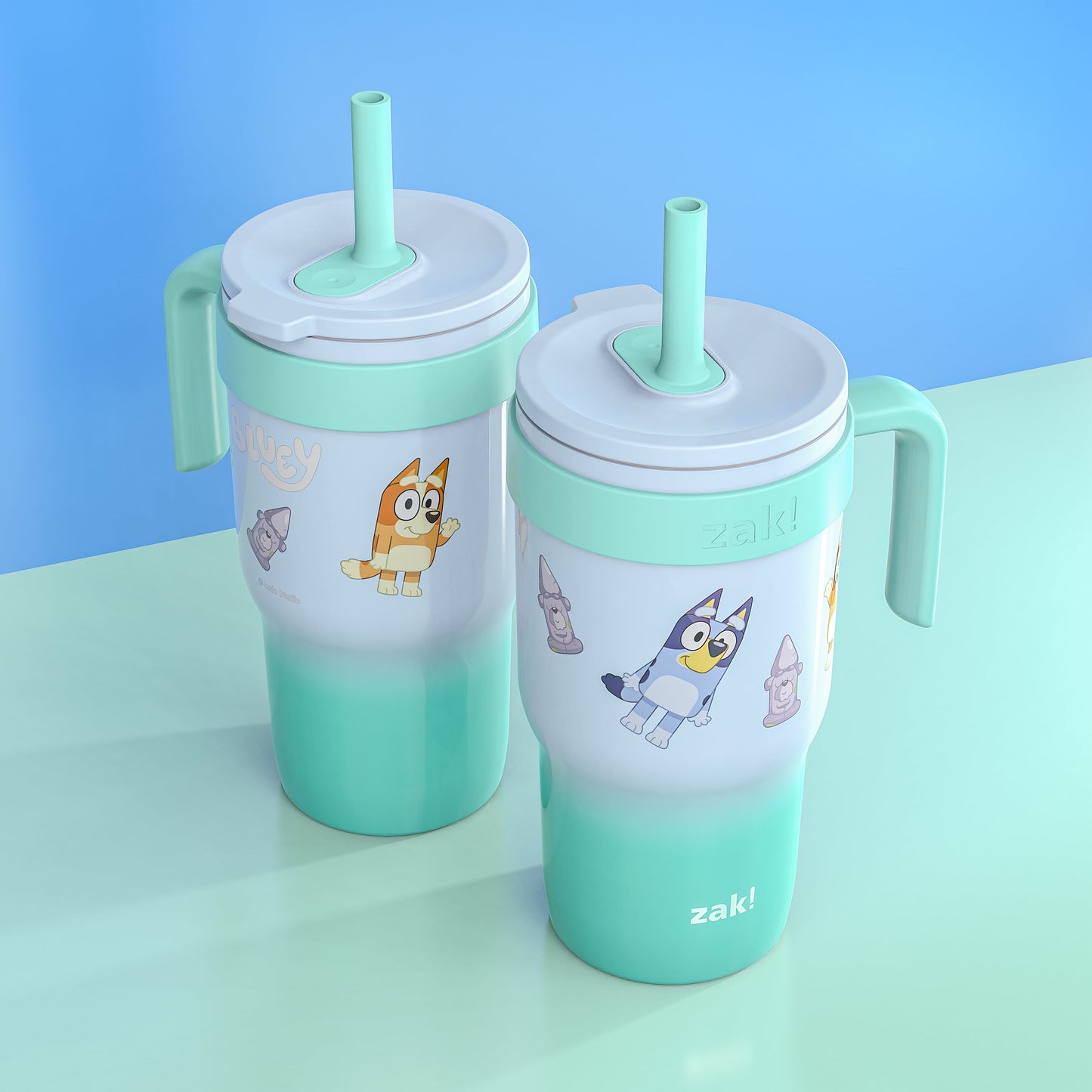 (2 pack) Zak Designs Bluey Kids Insulated Tumbler with Straw, 18oz Stainless Steel Leak-Proof Cup with Handle