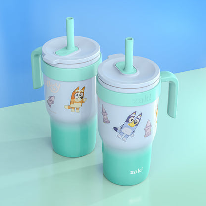 (2 pack) Zak Designs Bluey Kids Insulated Tumbler with Straw, 18oz Stainless Steel Leak-Proof Cup with Handle