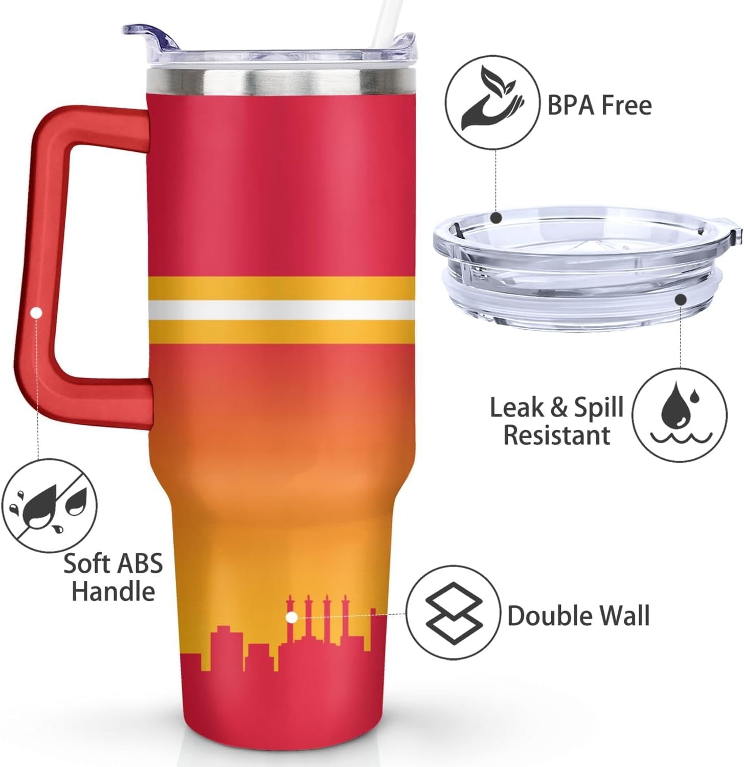 Kansas City 40 OZ Football Tumbler With Handle and Straw – Travel Mug Cup for Fans, Men, Women – Keeps Drinks Cold & Hot