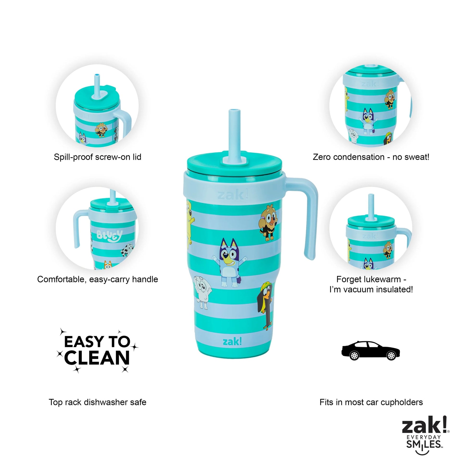 (2 pack) Zak Designs 18oz Bluey Kids Straw Handle Tumbler, Stainless Steel Vacuum Insulated Cruiser Tumbler with Silicone Straw Utilizing Leak-Proof Valve, Stripes