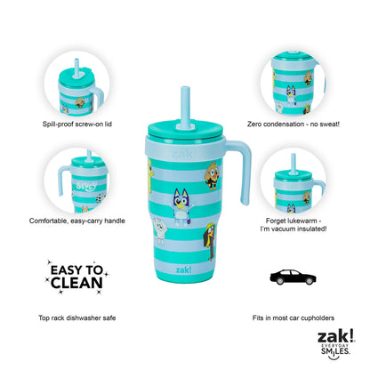 (2 pack) Zak Designs 18oz Bluey Kids Straw Handle Tumbler, Stainless Steel Vacuum Insulated Cruiser Tumbler with Silicone Straw Utilizing Leak-Proof Valve, Stripes