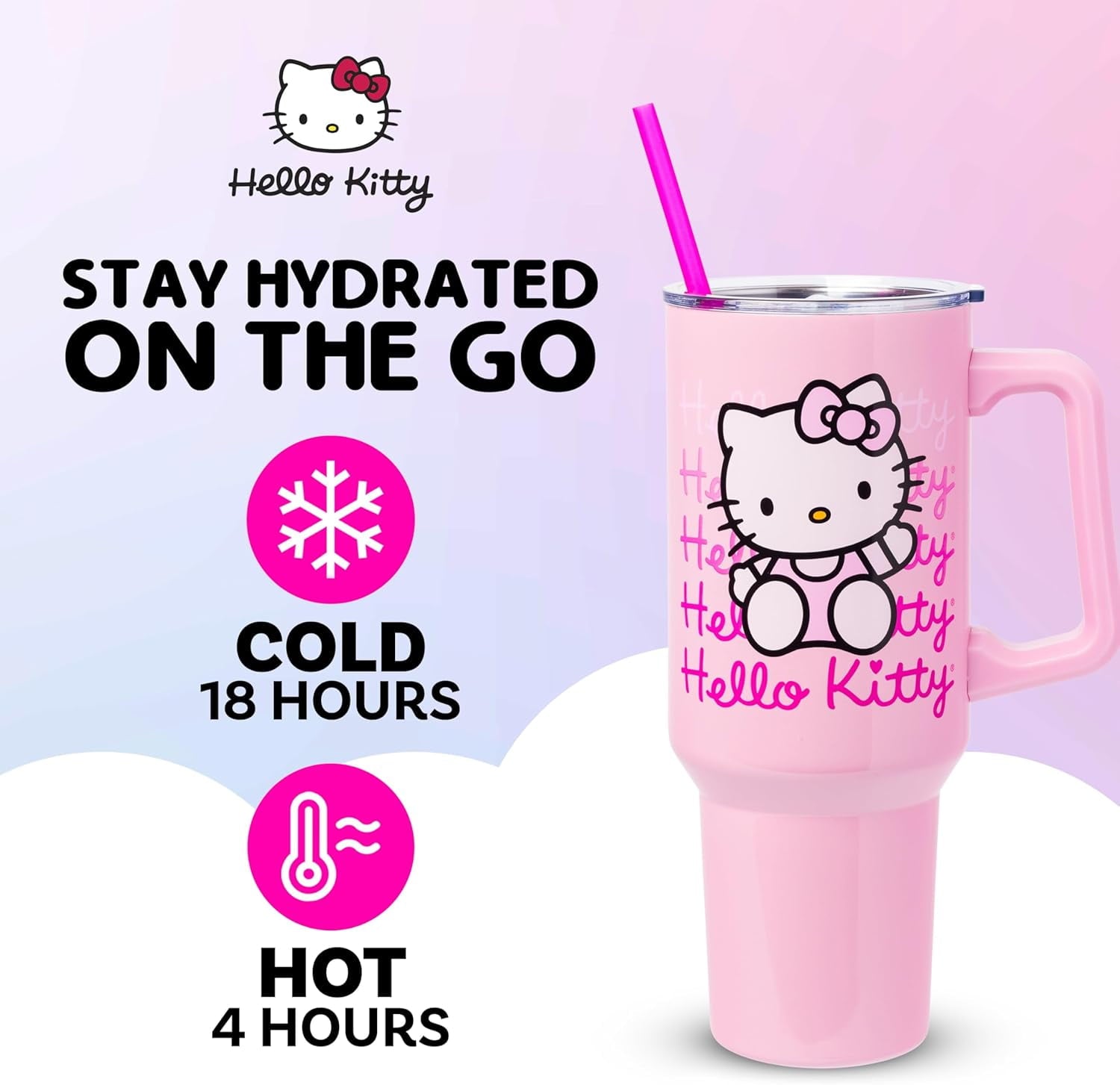Silver Buffalo Sanrio Hello Kitty Waving Stainless Steel Tumbler with Handle and Straw, Fits in Standard Cup Holder, 40 Ounces