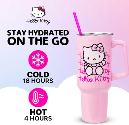 Silver Buffalo Sanrio Hello Kitty Waving Stainless Steel Tumbler with Handle and Straw, Fits in Standard Cup Holder, 40 Ounces