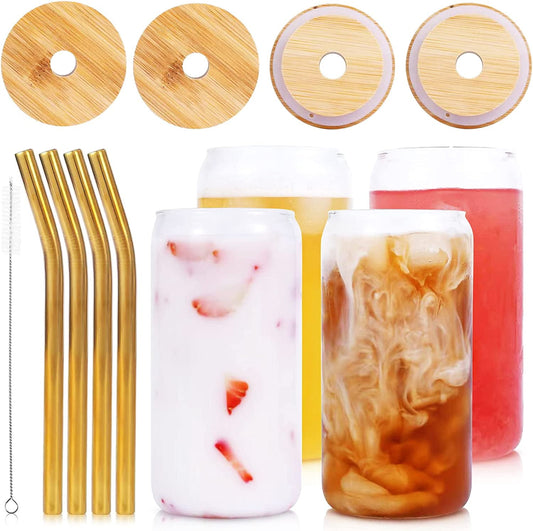 4 Pcs Drinking Glasses  with Bamboo Lids and Stainless Steel Straws - 16 oz Can Shaped Glasses, Lovely Tumbler Cups for Cocktails, Beer, Iced Coffee, Soda, Boba Tea, Including 1 Cleaning Brushe.