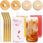 4 Pcs Drinking Glasses  with Bamboo Lids and Stainless Steel Straws - 16 oz Can Shaped Glasses, Lovely Tumbler Cups for Cocktails, Beer, Iced Coffee, Soda, Boba Tea, Including 1 Cleaning Brushe.