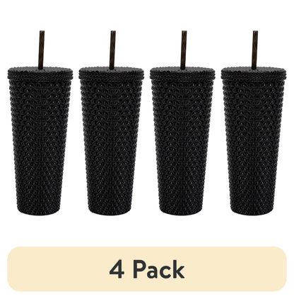 (4 pack) Mainstays 26-Ounce Capacity Plastic Double Wall Insulated Iridescent Textured Tumbler with Straw, Black