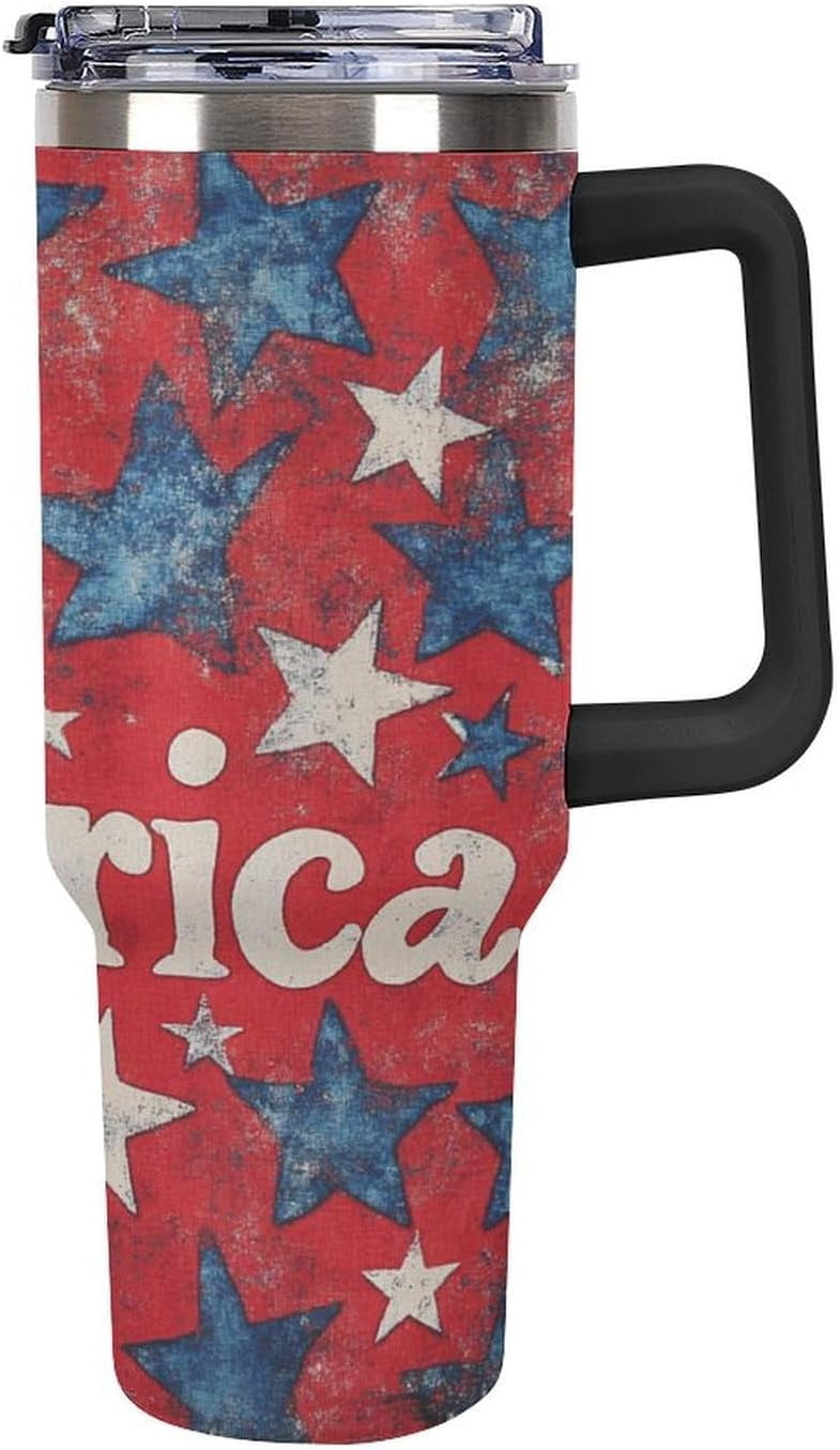 40 Oz Tumbler with Handle And Straw Red, White, And Blue America Stars Leak-proof Travel Coffee Mug Stainless Steel Insulated Cup Memorial Day Patriotic Gifts for Women & Men