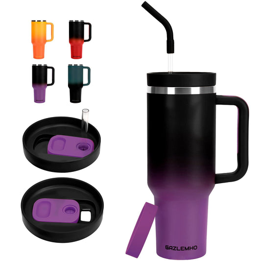 40 oz Tumbler with Handle and Straw Spout 2-in-1 Lid, Stainless Steel Travel Cup, Insulated Traveler Mug for Car Office Gym, Water Bottle for Cold Hot Beverage, Black Purple