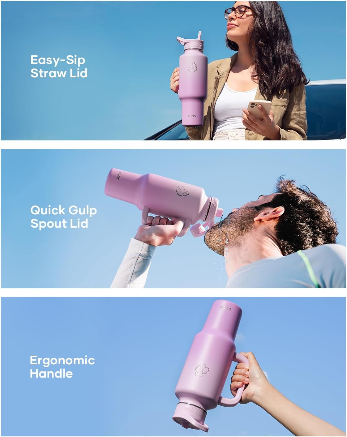 BUZIO 40 oz Water Bottle Fits in Cup Holder Insulated Tumbler with Handle Water Flask with 2 Lids Wide Mouth Travel Mug,Gradient Pink