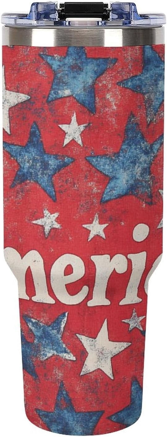 40 Oz Tumbler with Handle And Straw Red, White, And Blue America Stars Leak-proof Travel Coffee Mug Stainless Steel Insulated Cup Memorial Day Patriotic Gifts for Women & Men