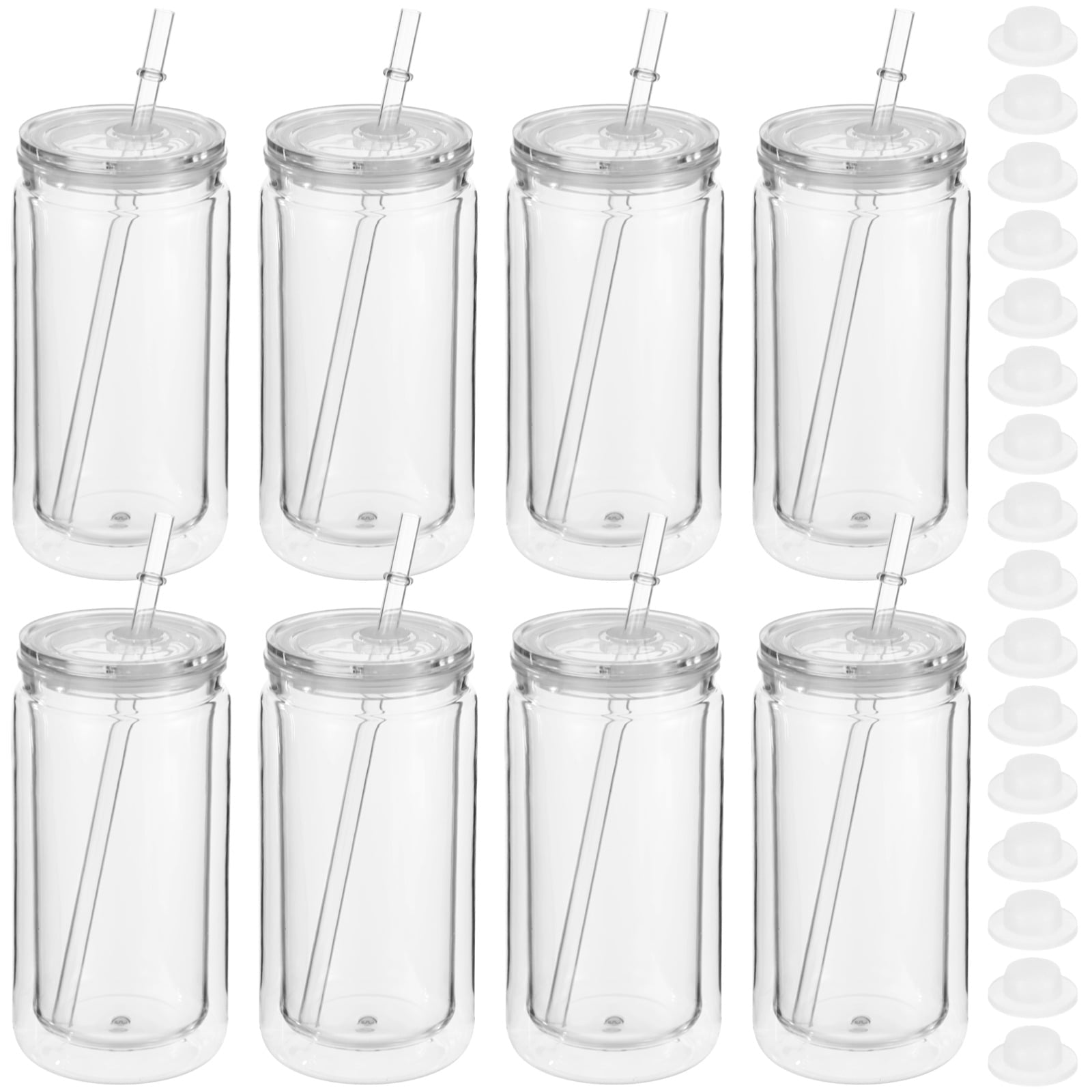 8 Pcs 16 fl oz Plastic Tumblers with Lids and Straws, Double Wall Tumbler with Pre Drilled Hole Bulk Snow Globe Cups, Reusable Mason Cup with Silicone Plugs for Cold Drinks, DIY, Parties