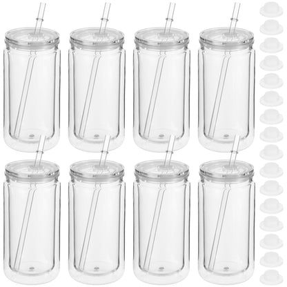 8 Pcs 16 fl oz Plastic Tumblers with Lids and Straws, Double Wall Tumbler with Pre Drilled Hole Bulk Snow Globe Cups, Reusable Mason Cup with Silicone Plugs for Cold Drinks, DIY, Parties
