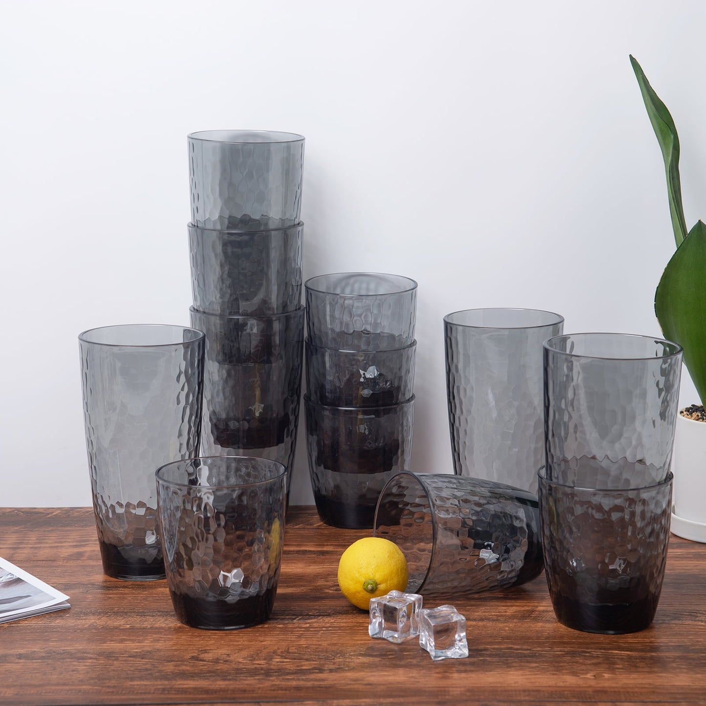 KX-Ware Hammered 15 Ounce and 26 Ounce Plastic Tumbler Acrylic Drinking Glasses,  Set of 8 Grey