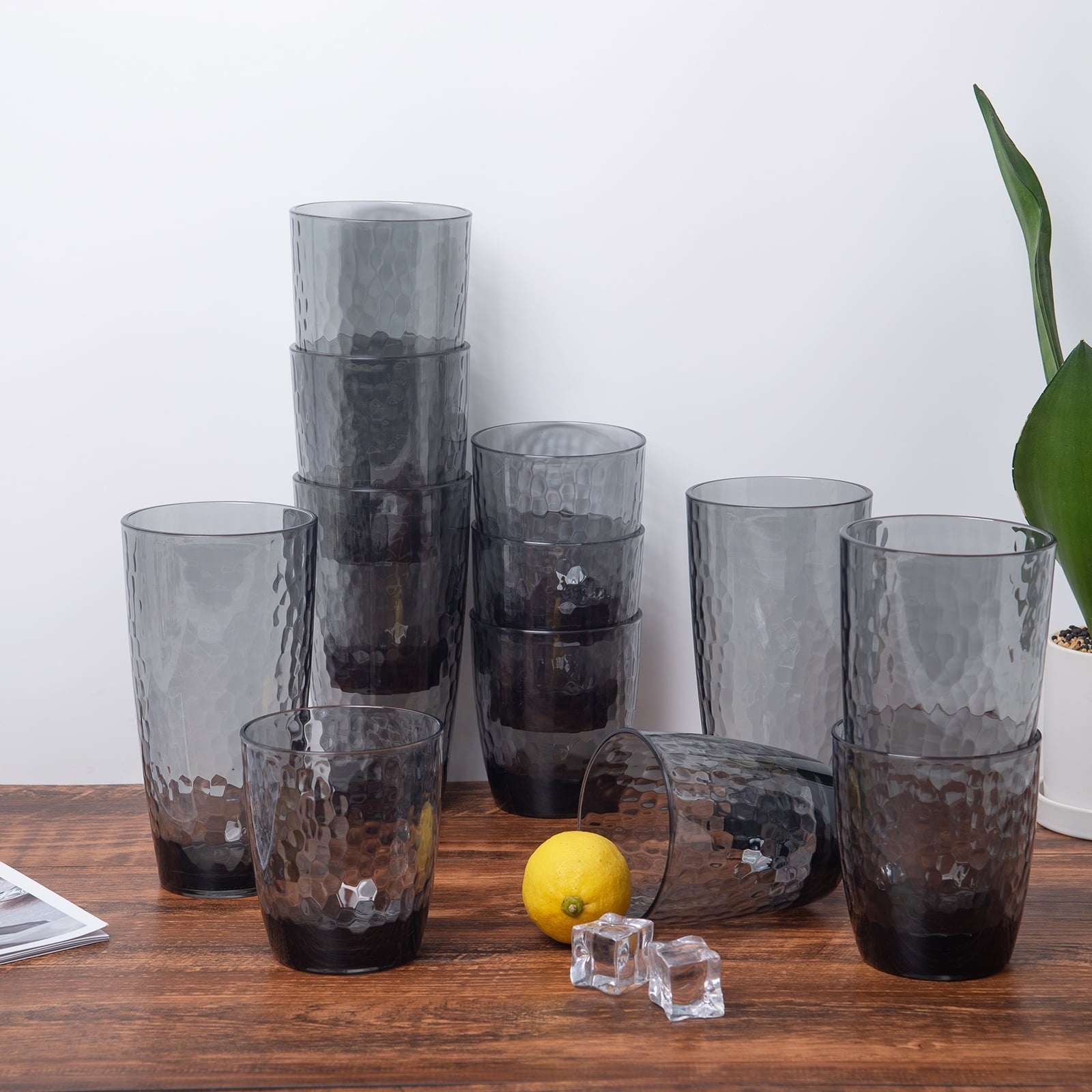 KX-Ware Hammered 15 Ounce and 26 Ounce Plastic Tumbler Acrylic Drinking Glasses,  Set of 8 Grey