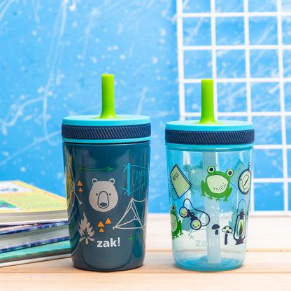 Zak Designs 12oz and 15oz Kelso Straw Tumbler Set, 12oz Stainless Steel and 15oz Plastic, 2 Cups and 1 Bonus Straw, Leakproof and Perfect for Kids, Campout and Camping