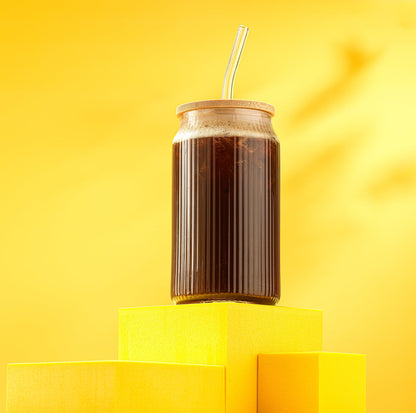 Fluted Glass Tumblers with Bamboo Lids and Straws - 16 oz - Set of 4