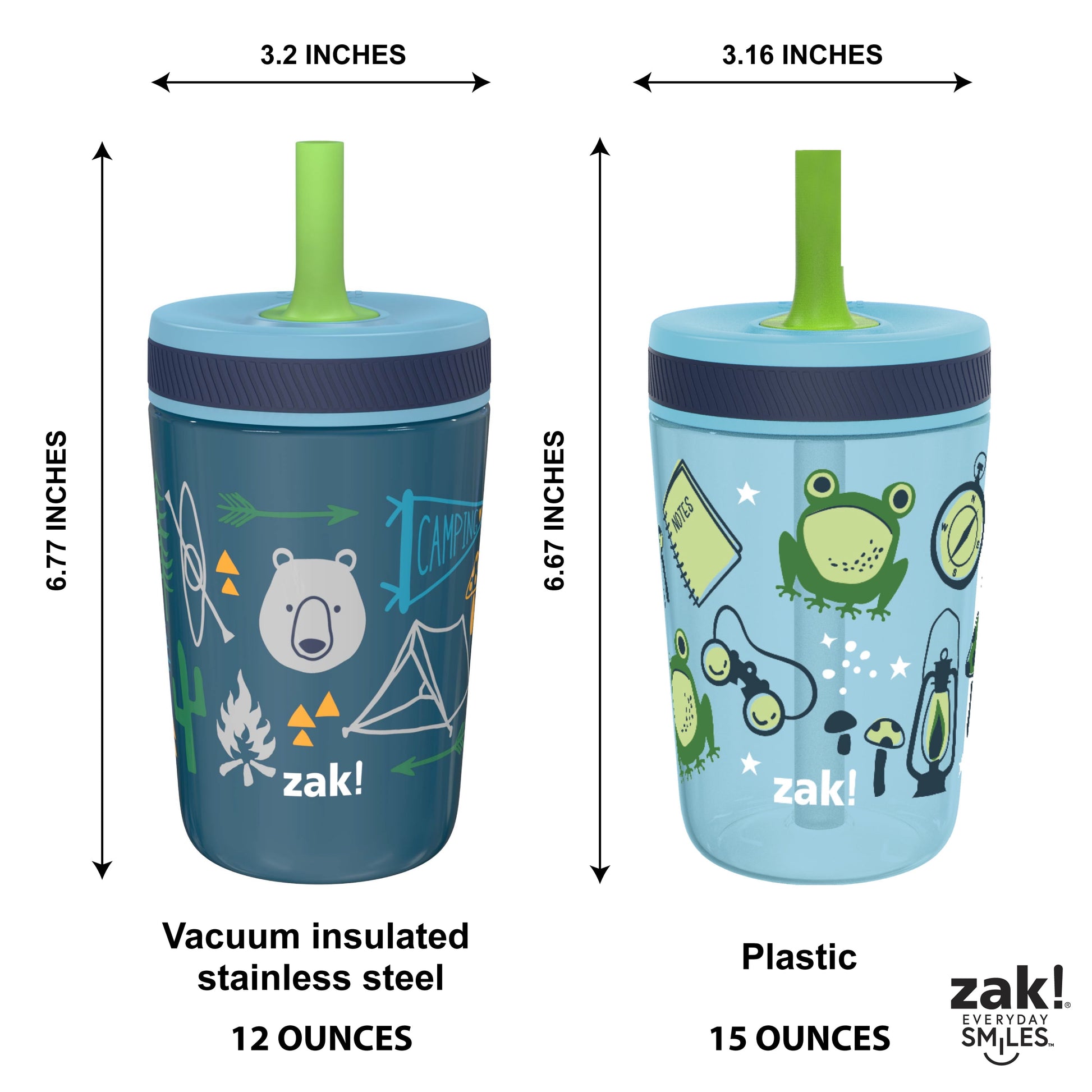Zak Designs 12oz and 15oz Kelso Straw Tumbler Set, 12oz Stainless Steel and 15oz Plastic, 2 Cups and 1 Bonus Straw, Leakproof and Perfect for Kids, Campout and Camping