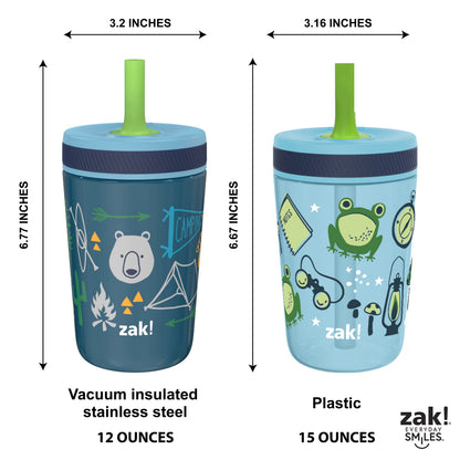 Zak Designs 12oz and 15oz Kelso Straw Tumbler Set, 12oz Stainless Steel and 15oz Plastic, 2 Cups and 1 Bonus Straw, Leakproof and Perfect for Kids, Campout and Camping