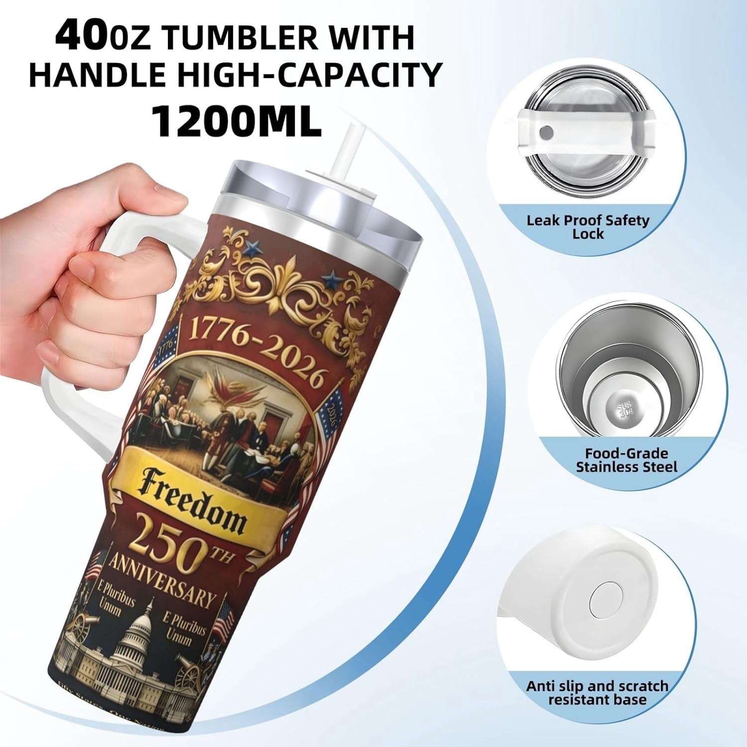 US250th Anniversary Commemorative Insulated Travel Mug with Handle and Straw, 1776-2026 Design, Stainless Steel Tumbler with Lid