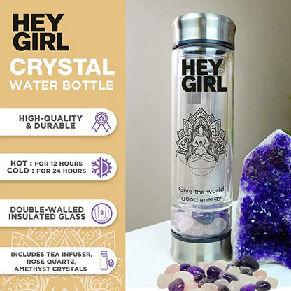 Hey Girl Crystal Water Bottle with Rose Quartz & Amethyst Crystal - Reusable Glass Water Bottles - Tea Infuser Bottle, Clear Glass Travel Mug Tumbler for Women - 350ml