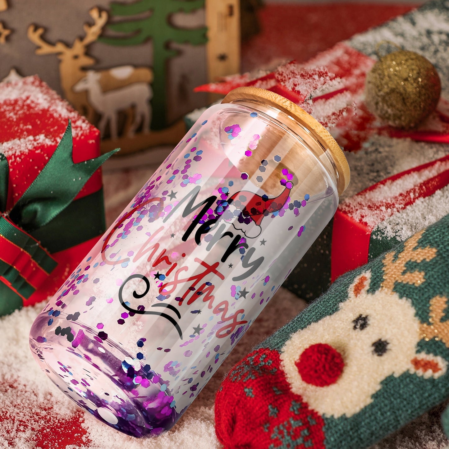 AGH 16oz Sublimation Snow Globe Glass Can Shaped Tumblers with Bamboo Lids and Straws - 25 Pack, Duble Wall Blank Beer Can Clear Glass Ice Coffee Cups with Pre Drilled Hole for Snow Globe DIY