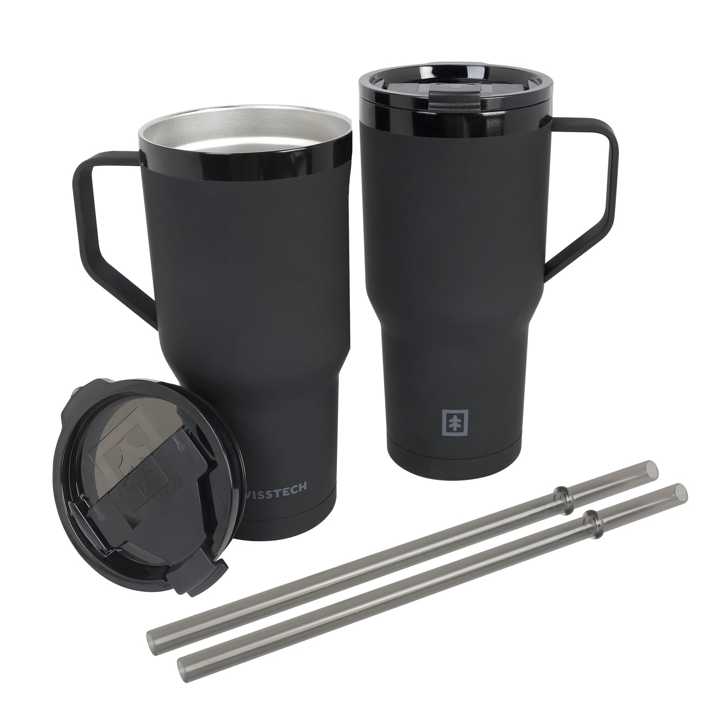 Swiss Tech 30oz black triple wall stainless steel tumbler 2-pack with handle & leakproof lid