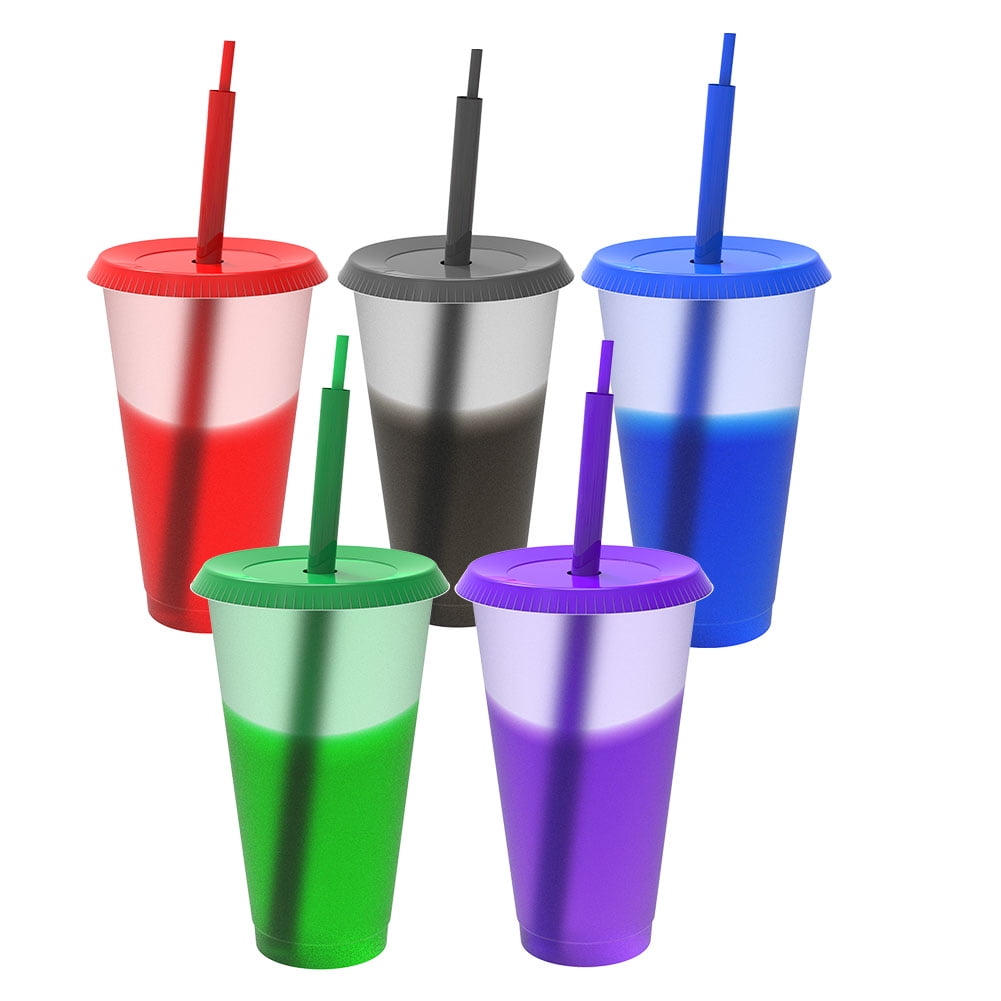 32 oz Unbreakable Color Changing Cups - Set of 5 - Plastic Tumbler Cups with Lids Straws - Perfect for Gifts - BPA Free - Dishwasher Safe - Stackable