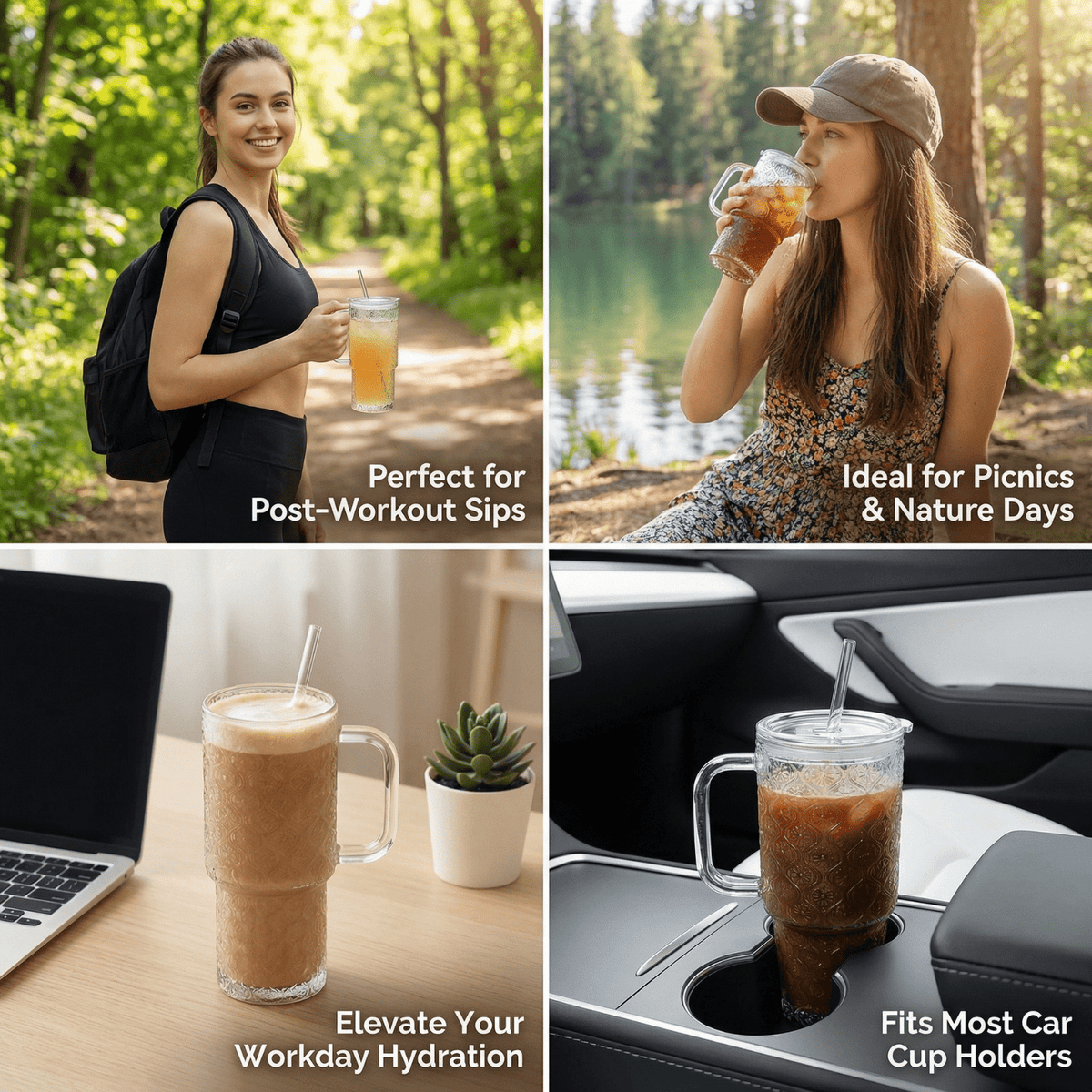20 oz Glass Tumbler with Lid and Straw, Glass Iced Coffee Cups, Spill-proof Glasses Tumbler with Handle, Glasses Drinking Set of 4, Vintage Glassware for Cocktail, Juice, Smoothies