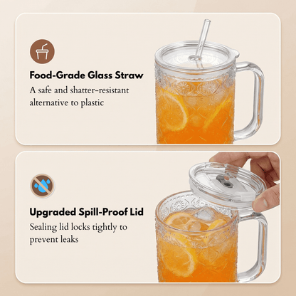 20 oz Glass Tumbler with Lid and Straw, Glass Iced Coffee Cups, Spill-proof Glasses Tumbler with Handle, Glasses Drinking Set of 4, Vintage Glassware for Cocktail, Juice, Smoothies
