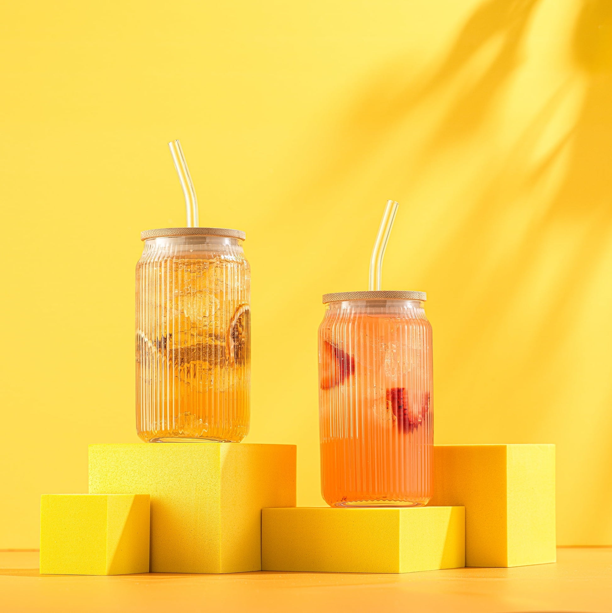 Fluted Glass Tumblers with Bamboo Lids and Straws - 16 oz - Set of 4