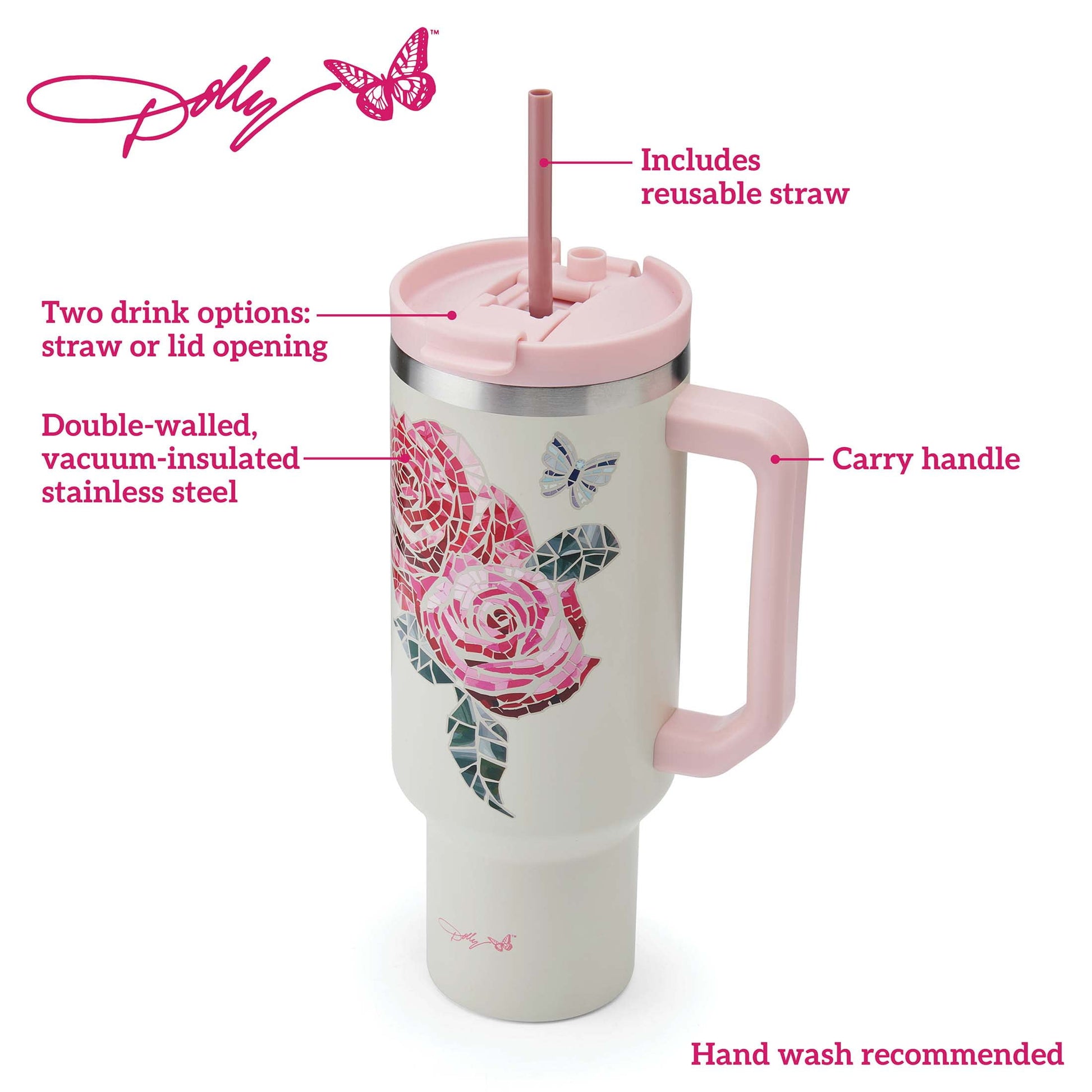 Dolly Parton 40 oz Stainless Steel Tumbler with Handle Pink Jewel