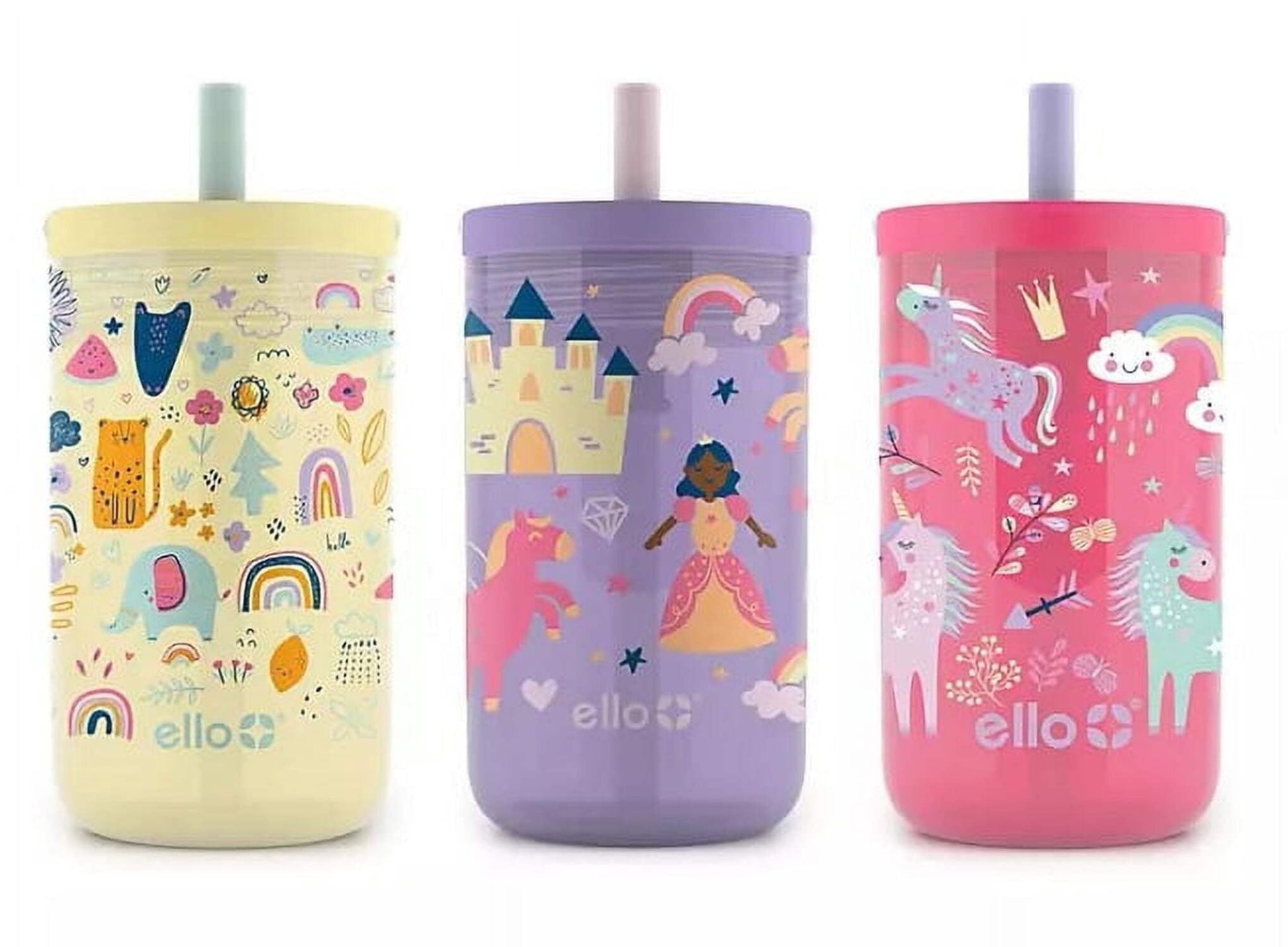 Ello 12 Oz Animal Princess & Unicorn Spill Proof PlasticTumbler Glasses (set of 3)