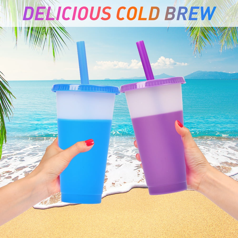 32 oz Unbreakable Color Changing Cups - Set of 5 - Plastic Tumbler Cups with Lids Straws - Perfect for Gifts - BPA Free - Dishwasher Safe - Stackable