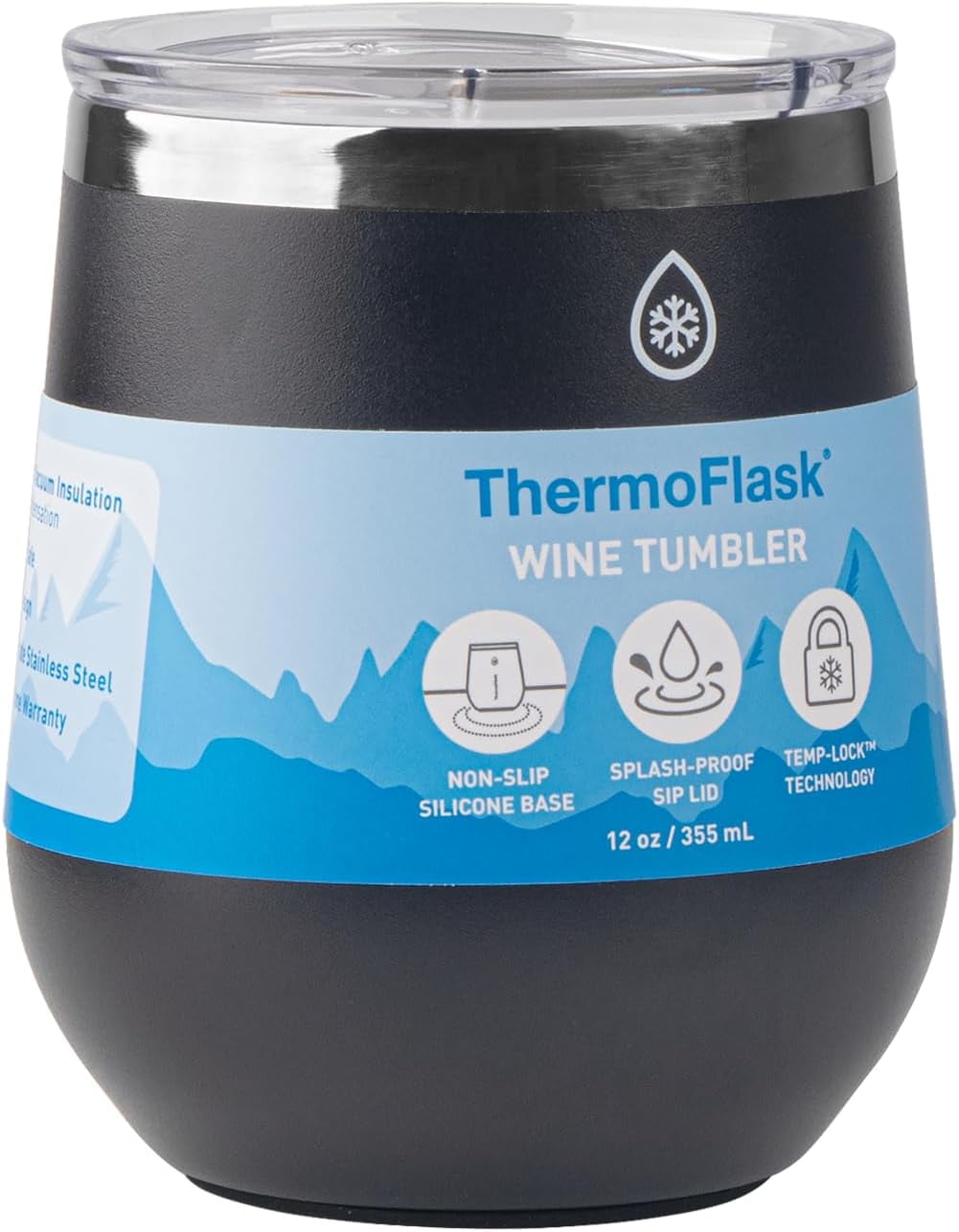 ThermoFlask Drinkware Collection - 12 oz Insulated Wine Tumbler with Leakproof Push N Sip Lid, Jet Black