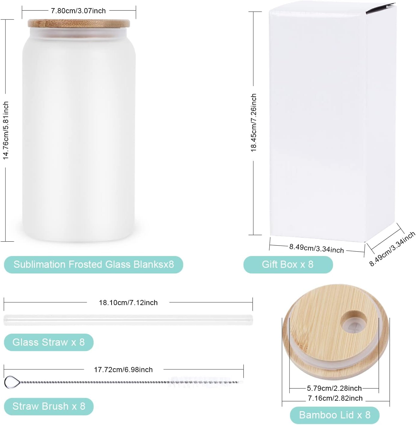 AGH 25 Pack Sublimation Glass Blanks Frosted Cans, 16 OZ Sublimation Tumblers Beer Drinking Cups with Wooden Lid & Plastic Straw, Coffee Cup, Iced Coffee Glasses for Juice, Soda, DIY Gift