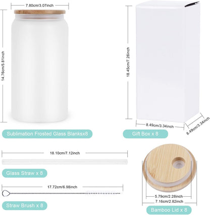 AGH 25 Pack Sublimation Glass Blanks Frosted Cans, 16 OZ Sublimation Tumblers Beer Drinking Cups with Wooden Lid & Plastic Straw, Coffee Cup, Iced Coffee Glasses for Juice, Soda, DIY Gift
